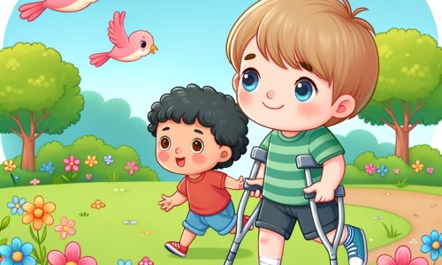 Une illustration destinée aux enfants représentant un petit garçon curieux et joyeux, accompagné d'un enfant aux jambes fragiles, se rencontrant dans un parc parsemé de fleurs colorées et d'oiseaux virevoltants.