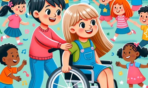Une illustration destinée aux enfants représentant une petite fille pleine de vie, qui surmonte les défis du handicap avec l'aide de son ami, dans une école colorée entourée de joyeux enfants qui jouent et apprennent ensemble.