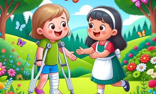 Une illustration pour enfants représentant une petite fille joyeuse et curieuse, qui doit surmonter les obstacles liés à son handicap, dans un parc enchanté où l'amitié et l'aventure prennent vie.