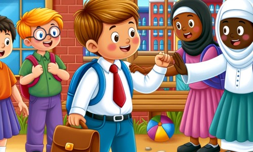 Une illustration pour enfants représentant un petit garçon courageux confrontant le harcèlement dans une école colorée et animée.