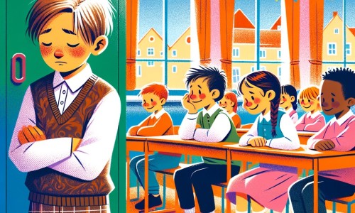 Une illustration destinée aux enfants représentant un petit garçon timide et sensible, confronté à des moqueries de ses camarades à l'école, accompagné de son meilleur ami, dans une salle de classe colorée et animée.