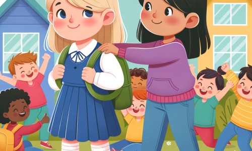 Une illustration destinée aux enfants représentant une petite fille courageuse, confrontée au harcèlement à l'école, soutenue par une nouvelle amie, dans une école colorée entourée de joyeux enfants qui jouent et rient.