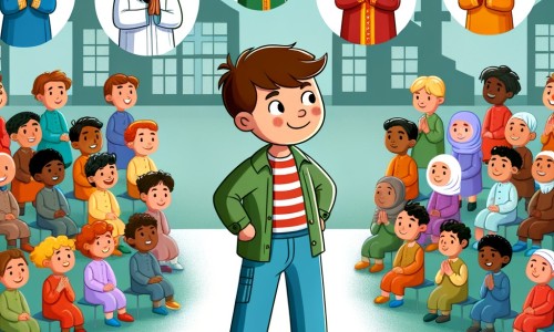 Une illustration destinée aux enfants représentant un petit garçon courageux, confronté à une situation de harcèlement à l'école, accompagné de ses amis bienveillants, dans une école colorée et animée.