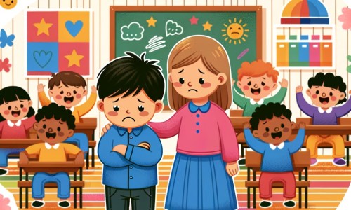Une illustration destinée aux enfants représentant un petit garçon triste, victime de harcèlement à l'école, accompagné de sa mère aimante, dans une salle de classe colorée remplie d'enfants joyeux.
