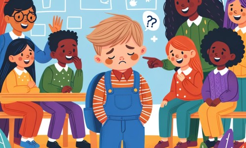 Une illustration destinée aux enfants représentant un petit garçon au cœur tendre, confronté à des moqueries et des menaces, soutenu par une joyeuse bande d'amis, dans une école colorée et animée par la bienveillance de leur enseignante.