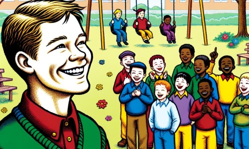 Une illustration destinée aux enfants représentant un petit garçon au sourire éclatant, faisant face à un groupe d'enfants plus grands et méprisants, dans une cour d'école colorée avec des arbres en fleurs et des balançoires qui se balancent joyeusement.