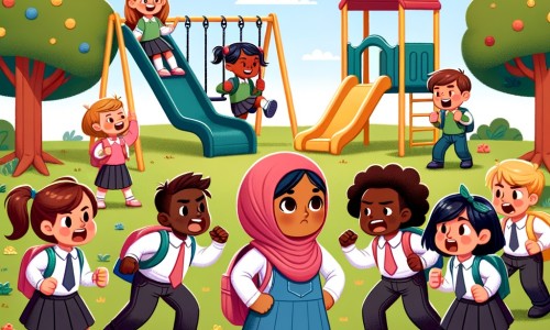 Une illustration pour enfants représentant une petite fille qui subit du harcèlement à l'école primaire, dans la cour de récréation.