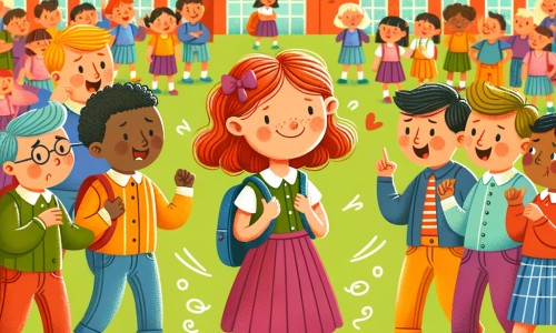 Une illustration destinée aux enfants représentant une petite fille pleine de vie, confrontée au harcèlement par un groupe d'enfants méchants, avec l'aide d'une amie, dans une grande école colorée et animée.