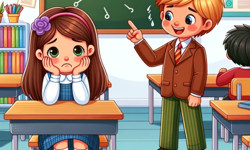 Une illustration pour enfants représentant une petite fille qui fait face au harcèlement à l'école, dans un nouveau lieu qu'elle doit découvrir.
