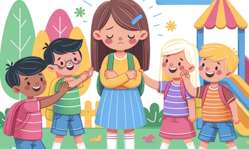 Une illustration destinée aux enfants représentant une petite fille courageuse, confrontée à une situation de harcèlement à l'école, soutenue par ses amis, dans une cour de récréation colorée et joyeuse.