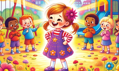 Une illustration destinée aux enfants représentant une petite fille joyeuse et curieuse se trouvant face à un groupe d'enfants méchants dans une cour d'école colorée avec des balançoires, des toboggans et des fleurs multicolores.