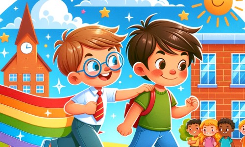 Une illustration destinée aux enfants représentant un petit garçon courageux, confronté au harcèlement, accompagné d'un fidèle ami, dans une école colorée et animée où règne une atmosphère joyeuse.