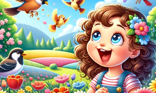 Une illustration destinée aux enfants représentant une petite fille aux cheveux bruns bouclés, émerveillée par les fleurs éclosant et les oiseaux chantant joyeusement dans un magnifique parc bordé de champs colorés.