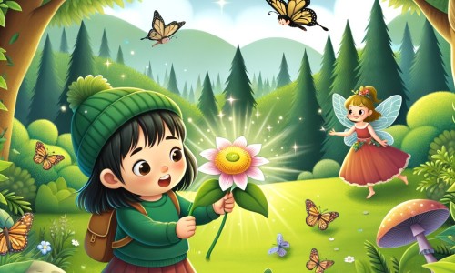 Une illustration destinée aux enfants représentant un petit garçon curieux et aventurier, découvrant une fleur enchantée avec l'aide d'une fée, dans un jardin verdoyant au printemps, où les arbres bourgeonnent et les papillons dansent joyeusement.