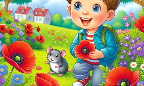 Une illustration destinée aux enfants représentant un jeune garçon joyeux, entouré de fleurs colorées, accompagné d'une petite souris curieuse, dans un parc verdoyant parsemé de coquelicots rouges et de violettes mauves.