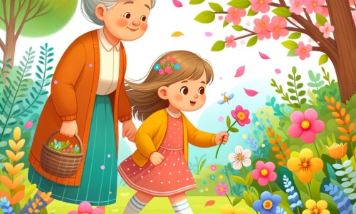 Une illustration destinée aux enfants représentant une petite fille, pleine de curiosité, qui découvre les merveilles du printemps avec sa grand-mère dans un parc fleuri, entourées de fleurs colorées dansant au rythme du vent.