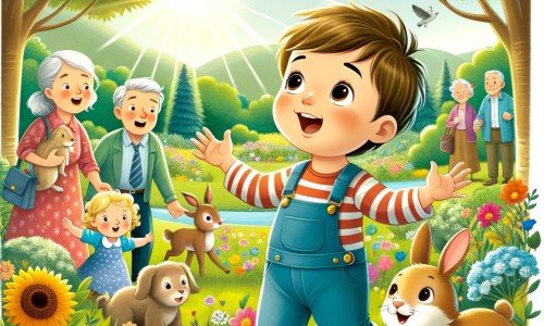 Une illustration destinée aux enfants représentant un petit garçon curieux et enthousiaste, accompagné de sa famille, découvrant la beauté du printemps dans un parc verdoyant rempli de fleurs colorées et d'animaux joyeux.