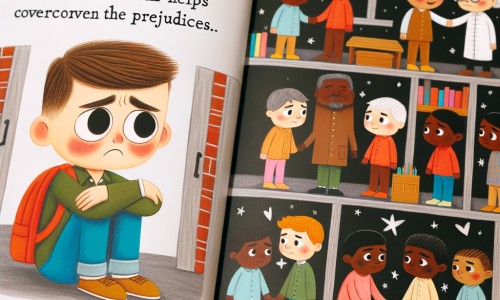 Une illustration destinée aux enfants représentant un petit garçon triste, confronté au racisme dans une école colorée et animée, jusqu'à ce qu'il trouve un ami qui l'aide à surmonter les préjugés.