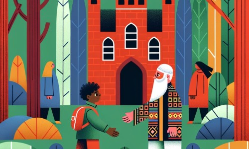 Une illustration destinée aux enfants représentant une petite fille courageuse, confrontée à des préjugés et au racisme, qui se lie d'amitié avec une autre élève nouvelle dans une école colorée de briques rouges entourée de grands arbres verdoyants.