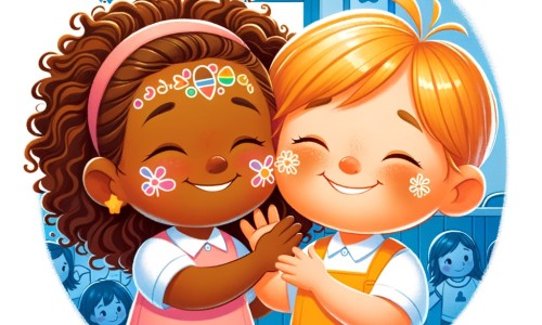 Une illustration destinée aux enfants représentant une petite fille aux cheveux bouclés et à la peau caramel, confrontée à des moqueries en raison de sa différence, avec l'amitié d'une camarade bienveillante pour soutenir et égayer son quotidien, dans une école colorée et animée de rires et de jeux.