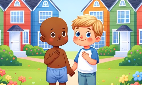 Une illustration pour enfants représentant un petit garçon qui doit faire face à la discrimination en raison de la couleur de sa peau, dans un quartier où une nouvelle famille vient d'emménager.