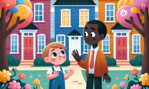 Une illustration destinée aux enfants représentant un petit garçon curieux et courageux, confronté à la discrimination raciale dans un quartier paisible aux maisons colorées et fleuries.