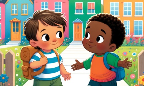 Une illustration pour enfants représentant un petit garçon curieux qui découvre la diversité et le racisme dans son quartier paisible.