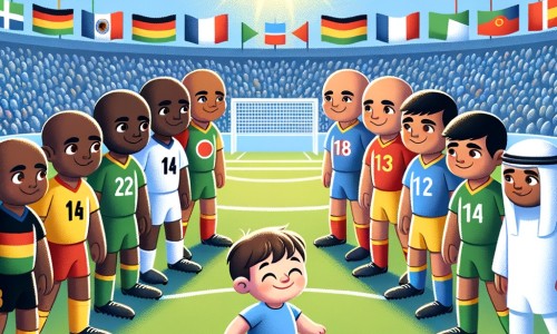 Une illustration destinée aux enfants représentant un petit garçon, entouré de joueurs de foot, confronté à des actes de racisme lors d'un match, dans un stade coloré avec un soleil éclatant et des drapeaux flottant dans le vent.