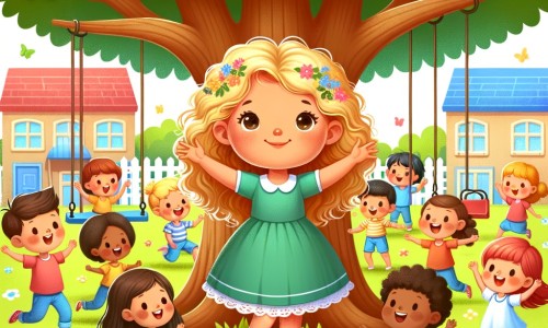 Une illustration destinée aux enfants représentant une petite fille aux boucles d'or, entourée de camarades de classe souriants, jouant joyeusement dans une cour d'école colorée avec des balançoires, des toboggans et un grand arbre verdoyant.