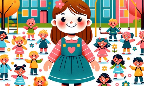 Une illustration destinée aux enfants représentant une petite fille souriante, entourée de ses camarades de classe, dans une cour d'école colorée et animée par des jeux, des balançoires et des arbres en fleurs.