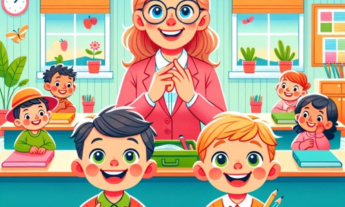 Une illustration destinée aux enfants représentant un petit garçon curieux, accompagné de ses amis, dans une salle de classe colorée et chaleureuse, où une nouvelle maîtresse enthousiaste les attend pour une année d'aventures éducatives.