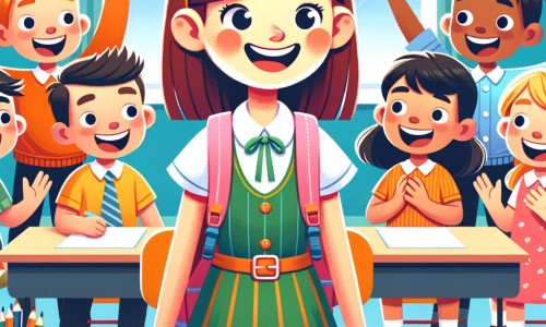 Une illustration destinée aux enfants représentant une petite fille pleine d'enthousiasme, entourée de ses nouveaux amis, dans une salle de classe colorée et chaleureuse, lors de sa première journée d'école.
