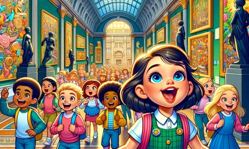Une illustration destinée aux enfants représentant une petite fille enthousiaste, accompagnée de sa classe, découvrant un musée majestueux rempli d'œuvres d'art colorées et de sculptures fascinantes.