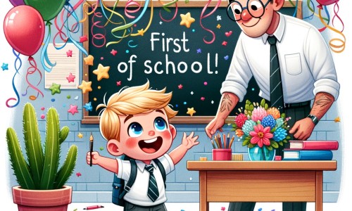Une illustration pour enfants représentant un petit garçon plein d'enthousiasme découvrant une salle de classe magnifiquement décorée par son maître, dans une école pleine de surprises.