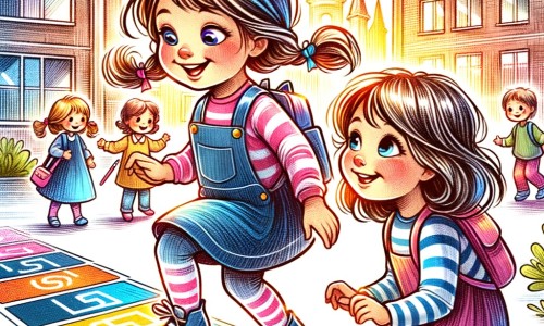 Une illustration destinée aux enfants représentant une petite fille pleine d'énergie et de curiosité, accompagnée de sa nouvelle amie timide, dans une cour d'école colorée et animée, où elles s'amusent à jouer à la marelle et à se faire de nouveaux amis.