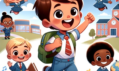 Une illustration pour enfants représentant un petit garçon curieux et plein d'énergie, vivant une aventure passionnante à l'école.