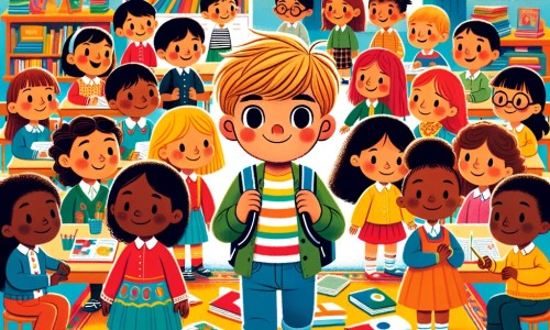 Une illustration destinée aux enfants représentant un petit garçon, entouré de ses camarades, vivant une aventure éducative dans une école colorée, pleine de livres, de tableaux et de rires.