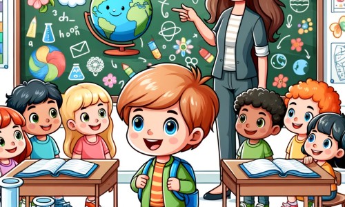 Une illustration destinée aux enfants représentant un petit garçon curieux, entouré de ses amis, découvrant une nouvelle école colorée et animée, avec une enseignante souriante, dans une salle de classe remplie de livres, de tableaux et d'expériences scientifiques.