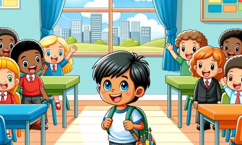 Une illustration pour enfants représentant un petit garçon plein d'excitation, découvrant l'école et faisant de nouveaux amis, dans une salle de classe colorée.