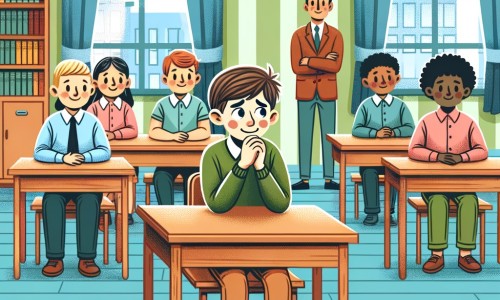 Une illustration pour enfants représentant un petit garçon timide, qui doit faire un exposé devant sa classe dans une école.