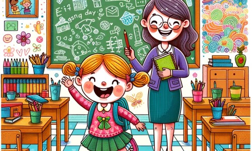 Une illustration destinée aux enfants représentant une petite fille pleine d'enthousiasme vivant une journée extraordinaire à l'école, accompagnée de son maître bienveillant, dans une classe colorée remplie de dessins joyeux et de matériel scolaire.