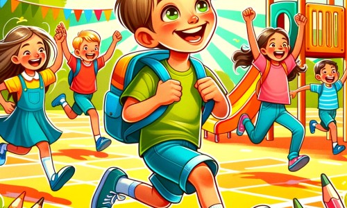 Une illustration destinée aux enfants représentant un petit garçon plein d'énergie, vivant une journée bien remplie à l'école, accompagné de ses amis, dans une cour de récréation colorée et animée.