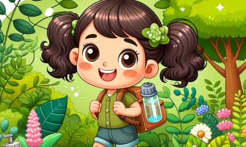 Une illustration pour enfants représentant une petite fille pleine d'énergie, engagée pour l'écologie, vivant des aventures écologiques dans un jardin verdoyant.