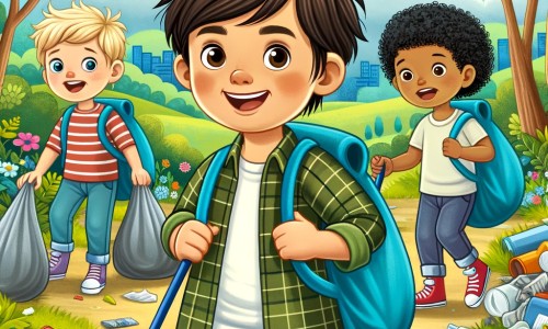 Une illustration pour enfants représentant un petit garçon qui organise une grande chasse au trésor pour nettoyer le parc rempli de déchets.