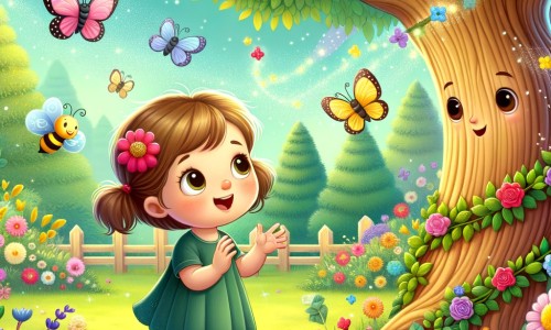 Une illustration destinée aux enfants représentant une petite fille curieuse et pleine d'amour pour la nature, qui rencontre un arbre parlant dans un jardin enchanté rempli de fleurs colorées, de papillons virevoltants et d'abeilles bourdonnantes.