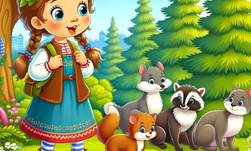 Une illustration destinée aux enfants représentant une petite fille curieuse et enthousiaste qui découvre la nature et s'engage à protéger l'environnement, accompagnée de ses amis animaux, dans un parc verdoyant rempli de fleurs colorées et d'arbres majestueux.