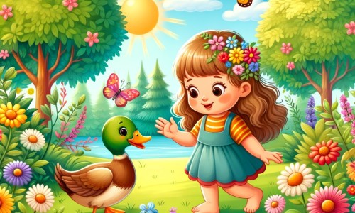Une illustration pour enfants représentant une petite fille écolo qui nettoie le parc et nourrit les canards, dans un cadre enchanteur de verdure et de nature.
