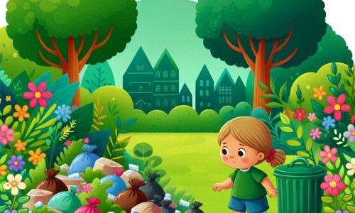 Une illustration destinée aux enfants représentant une petite fille curieuse et déterminée, qui se retrouve face à un tas de déchets dans un parc verdoyant, où des fleurs colorées s'épanouissent et des arbres majestueux se dressent fièrement.