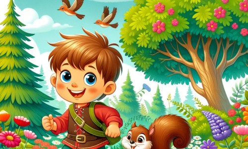 Une illustration pour enfants représentant un petit garçon plein de curiosité, partant à l'aventure dans un jardin enchanté, à la découverte de la nature et de l'importance de l'écologie.