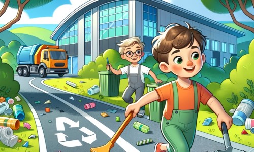Une illustration pour enfants représentant un petit garçon écolo qui ramasse des déchets avec son voisin dans une rue bordée de maisons avec jardins.